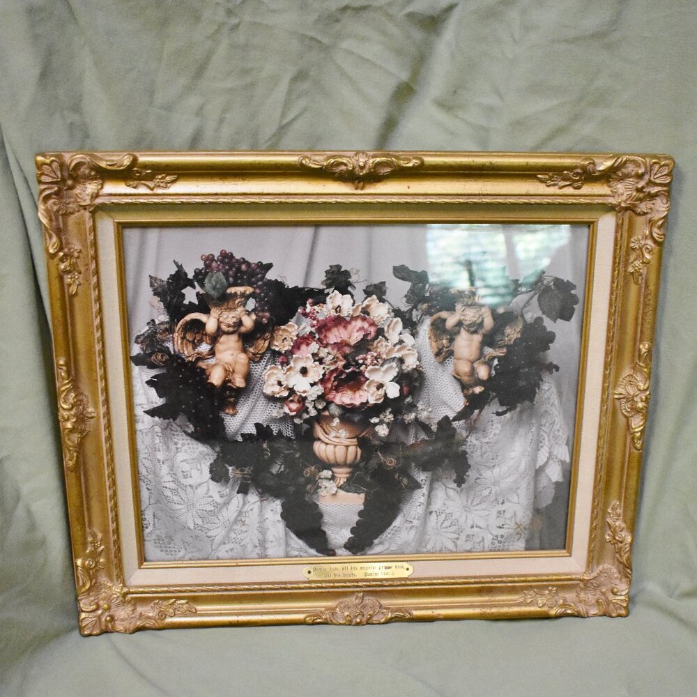 Stacey Guardian Angels Textured Painting Gold Framed Flowers Vase 17" X 14"